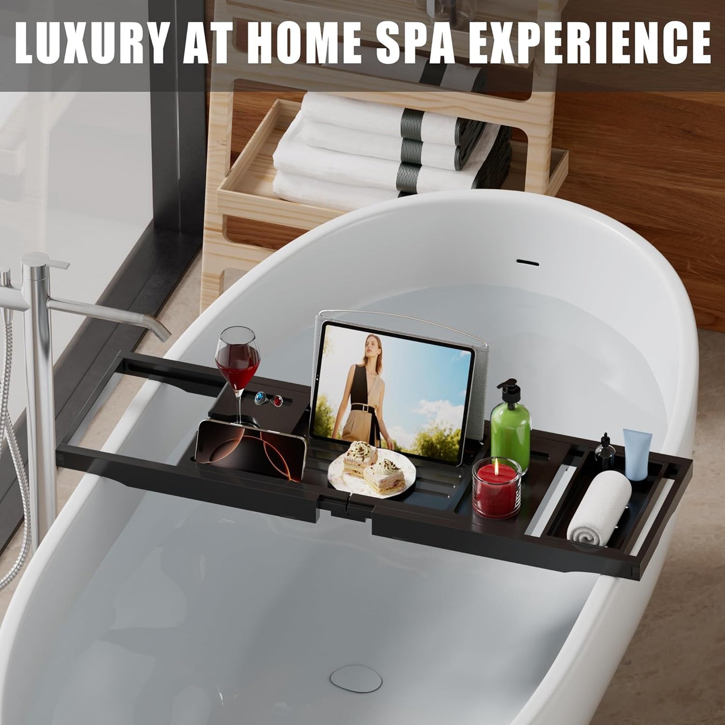 Foldable Bathtub Caddy Tray for Tub,Bamboo Expandable Bath Table Trays,Premium Bathroom Accessories for New Home & Mothers Day & Birthday Gifts for Couples,Black