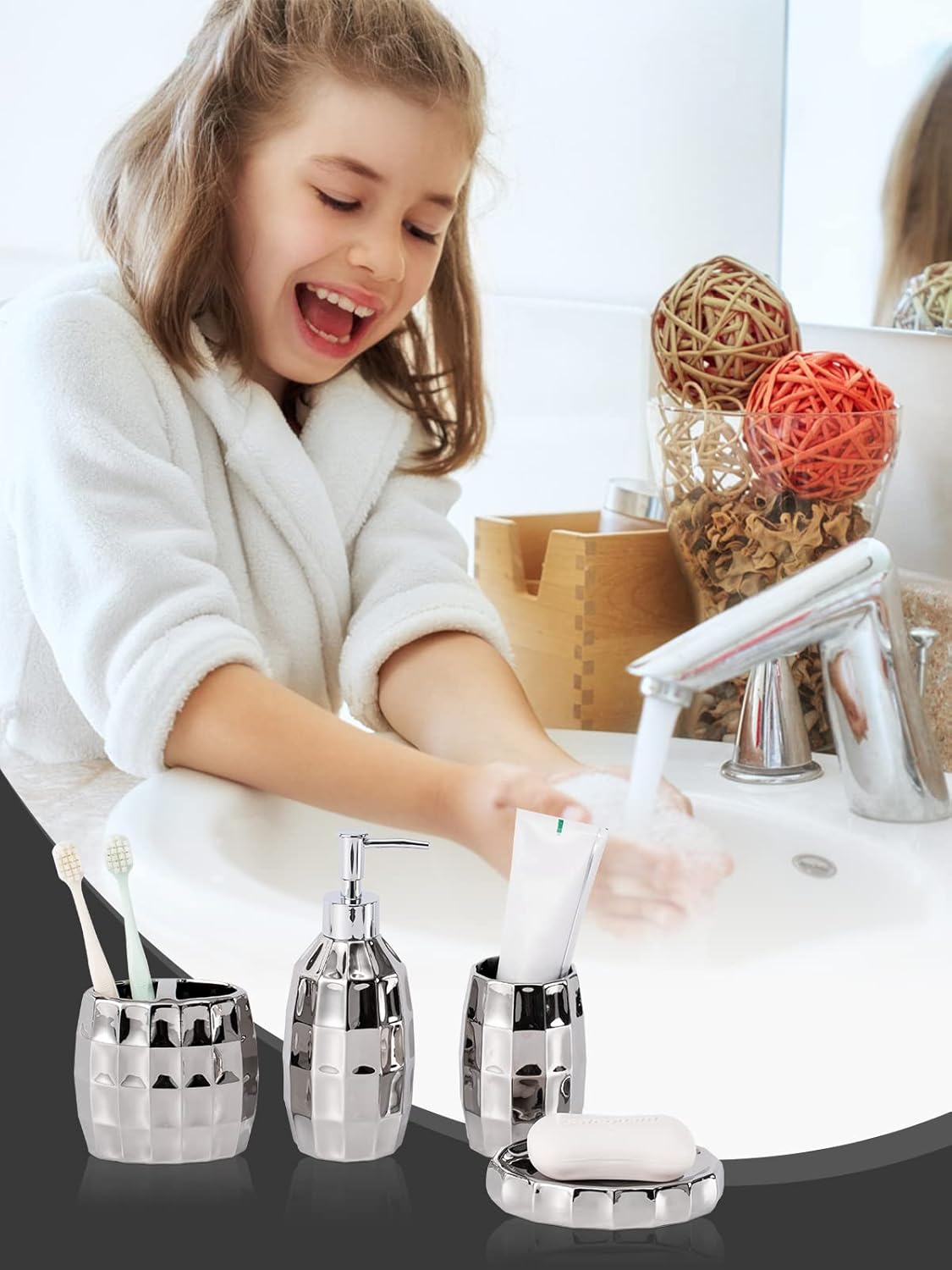 Silver Bathroom Accessory Set, Mosaic Ceramic Bathroom Accessories Set Include Lotion Dispenser, Toothbrush Holder Tumbler, and Soap Dish