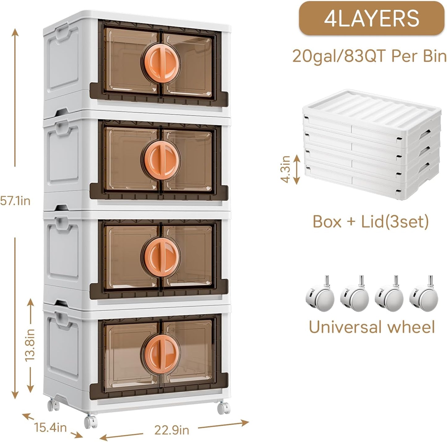 JEKO&JEKO 581Qt Lockable Stackable Storage Bins with Lids, Collapsible Closet Organizer with Wheels, Plastic Cabinet Drawer for Clothes 7 Pack (White)