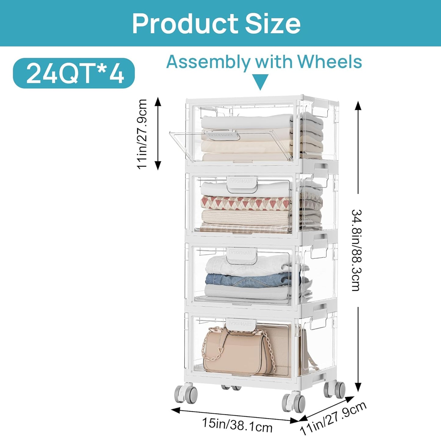 Vtopmart 4 Tier Plastic Storage Bins with Lid 24QT,Clear Stackable Closet Organizers and Storage with Wheels,Foldable Plastic Organizer Bins for Bathroom,Living Room,Bedroom,Craft Room, Office,Dorm