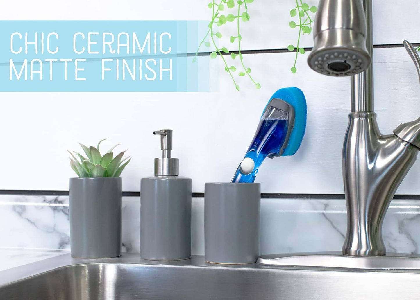 NAT & Jules Chic Modern Rounded 4.5 inch Ceramic Bathroom Accessories Set of 4 - Home Décor & Organization Perfect for Bath or Kitchen Household Essentials, Matte Grey