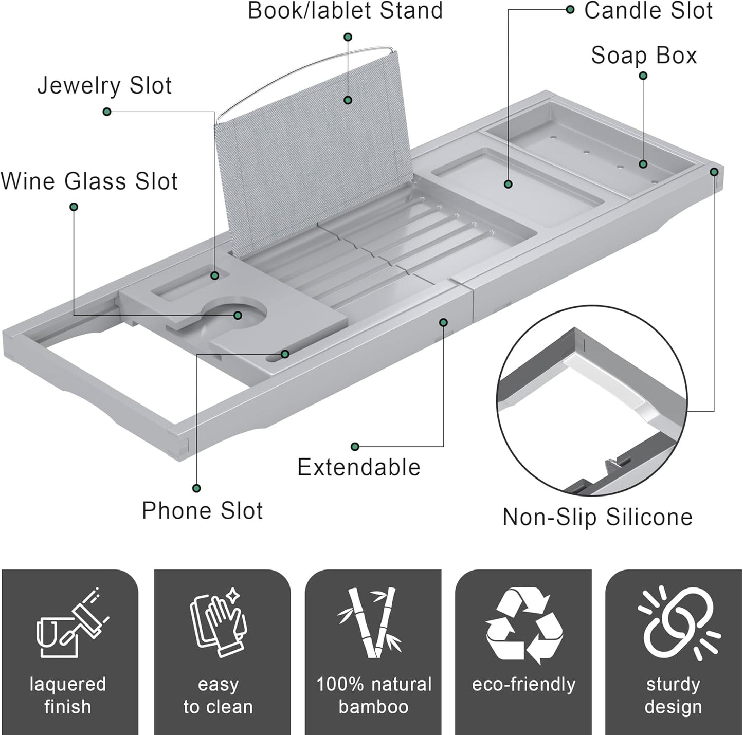 Foldable Bathtub Caddy Tray for Tub,Bamboo Expandable Bath Table Trays,Premium Bathroom Accessories for New Home & Mothers Day & Birthday Gifts for Couples,Gray