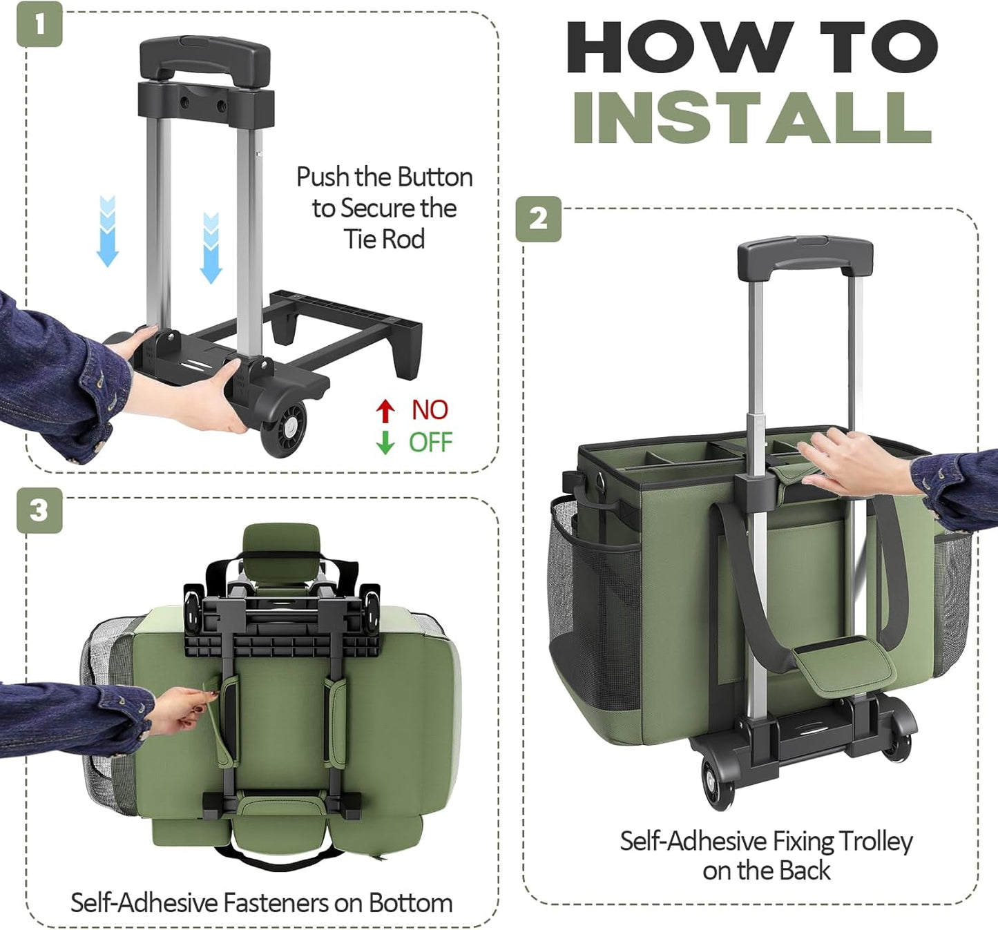 Rolling Cleaning Caddy Bag with Detachable Trolley, Cleaning Supplies Organizer Cart on Wheels, Cleaning Supply Caddy for Housekeepers, Large Professional Detailing Bag Tote for Home, Car (Green)