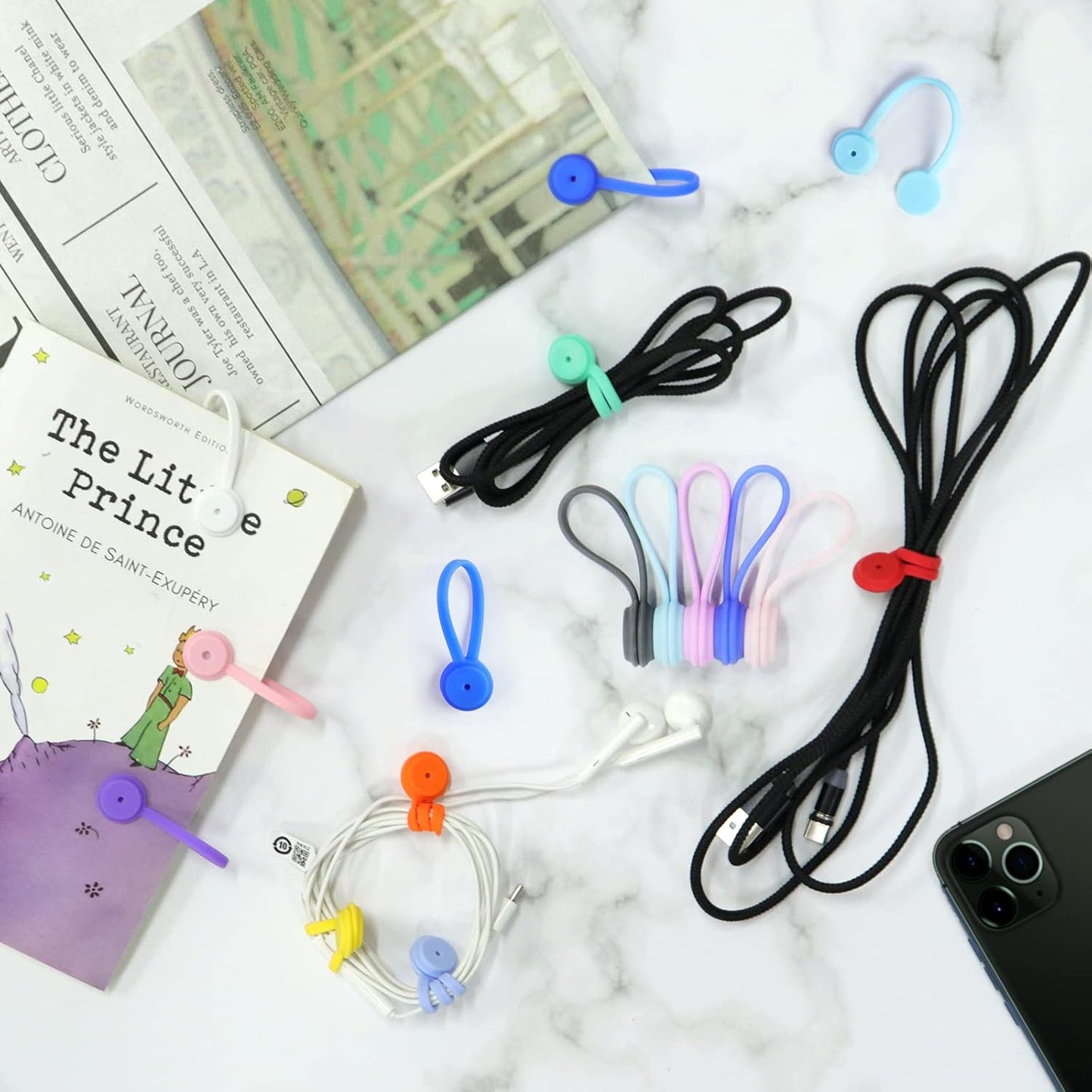 6Pack Reusable Silicone Magnetic Cable Ties,for Bundling and Organizing Cables,Headphone Cables,USB Charging Cords,Hanging & Holding Keychain,Silicone Cord Winder Magnetic Cable Clips