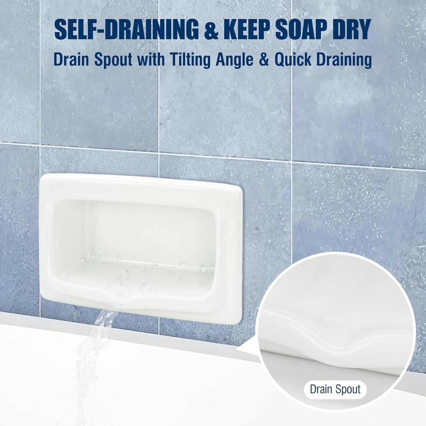 Classic Recessed Ceramic Soap Dish for Shower Wall, Heavy-Duty, Space-Saving, Self-Draining Built-in Soap Holder for Bathroom & Laundry, Perfect for Replacing Old Soap Dishes or New Installations