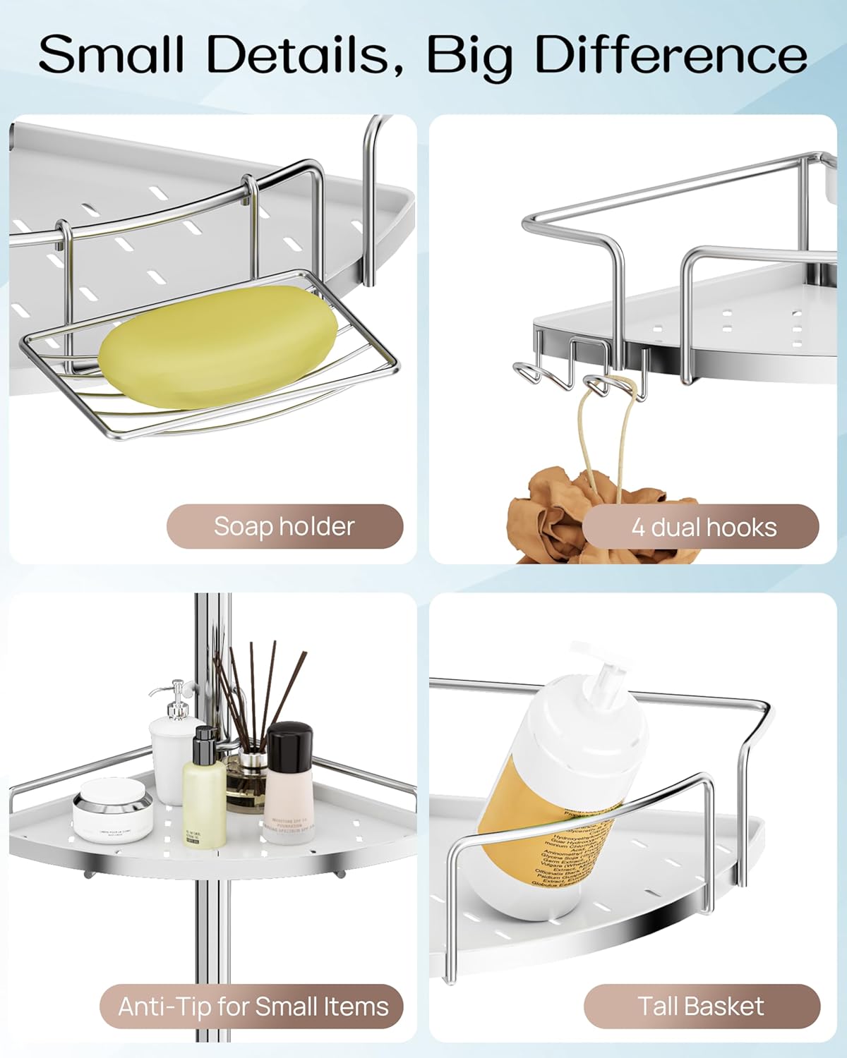 ALLZONE Corner Shower Caddy Tension Pole – Upgraded Rust-Free Stainless Steel Shower Organizer with Adjustable Storage Shelves, Drill-Free Installation, Quick Setup, Extends from 34 to 116 Inches