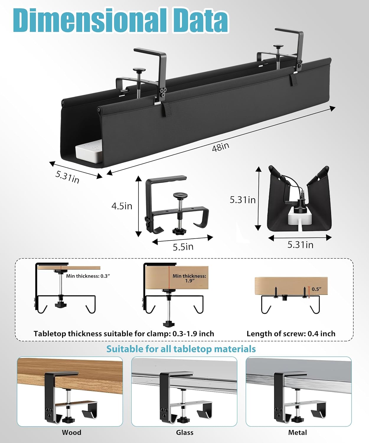 Oxford Cloth Under Desk Cable Management Tray,No-Drill 48" Desk Cable Management Organizer with Clip/Screw Installation,Holds Up to 70 lbs,Fabric Cable Management for Home,Office & Gaming Computer