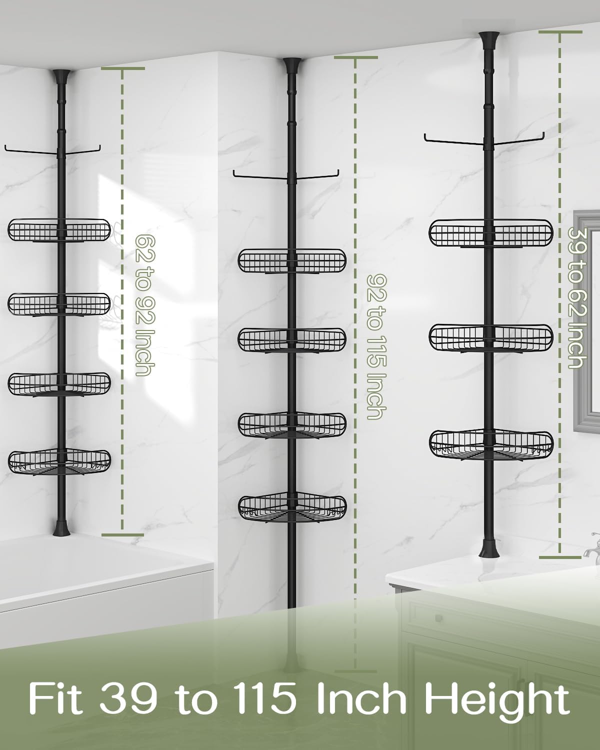 ALLZONE Corner Shower Caddy Tension Pole, 4-Tier Adjustable Shelves, Rustproof Bathroom Shower Organizer Corner for Inside Shower Storage, Tension Mounted, 39 to 115 Inch Height, Black