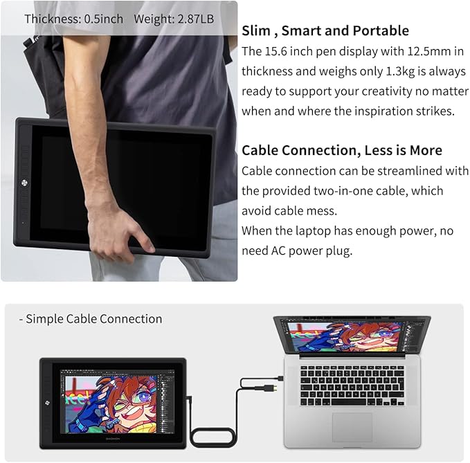 GAOMON PD156Pro - 15.6" Drawing Tablet with Screen Full-Laminated 120% sRGB Pen Display with Dial Key & 10 Hotkeys, Battery-Free Stylus Art Tablet for Digital Drawing, Anime, Sketch, Graphic Design