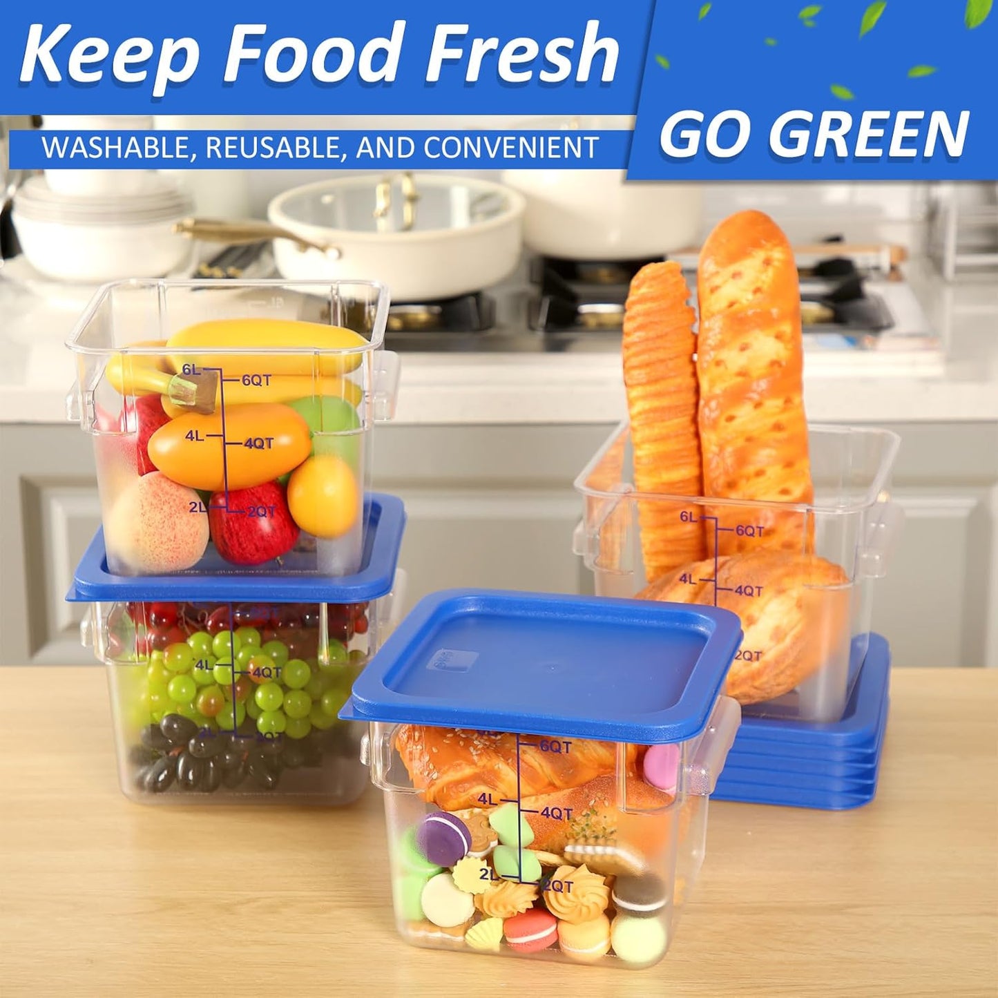 Yungyan 12 Pcs 6 Qt Commercial Food Storage Containers with blue Lids Restaurant Square Airtight Food Storage Containers Clear Cereal Container for Kitchen Freezer Dishwasher Pantry