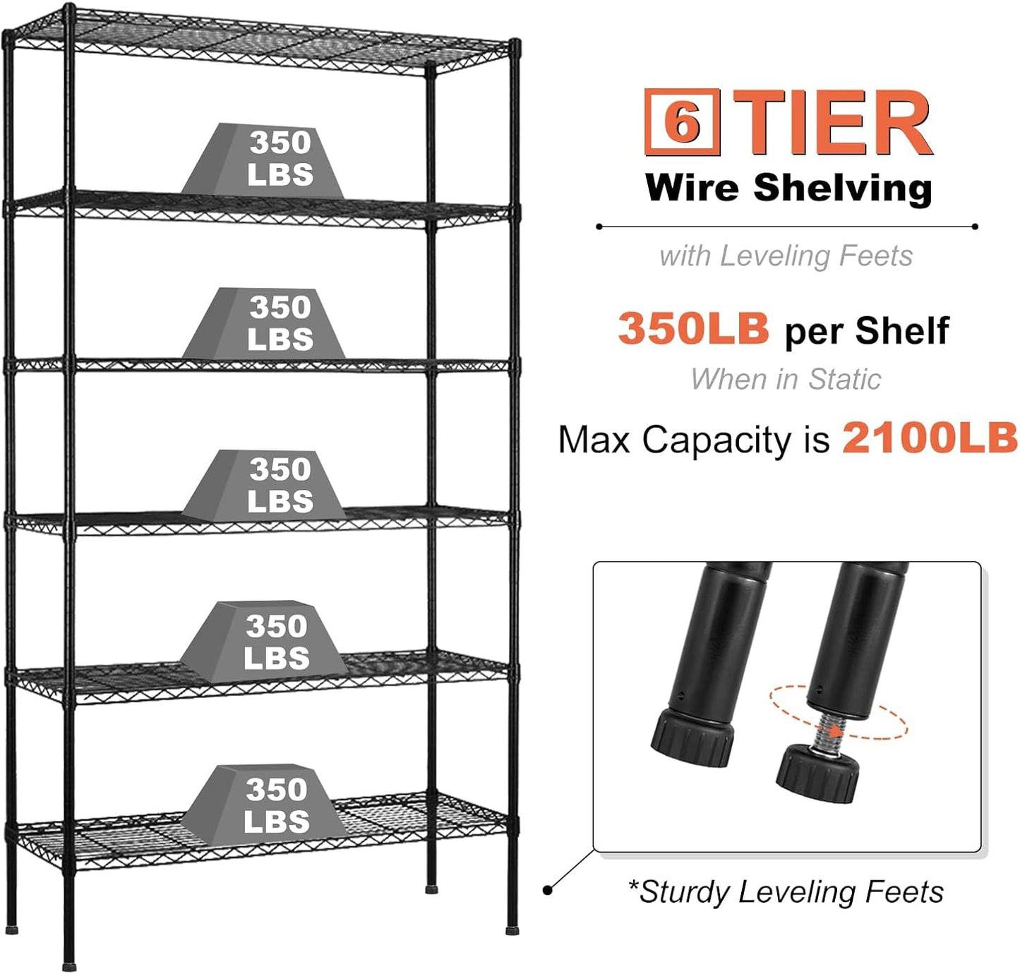 6-Tier Storage Shelves NSF Certified Wire Shelving Unit on Wheels Heavy Duty Metal Shelves Adjustable Steel Shelving 2100Lbs Capacity for Closet Pantry Basement- (18"x48"x82", Black)