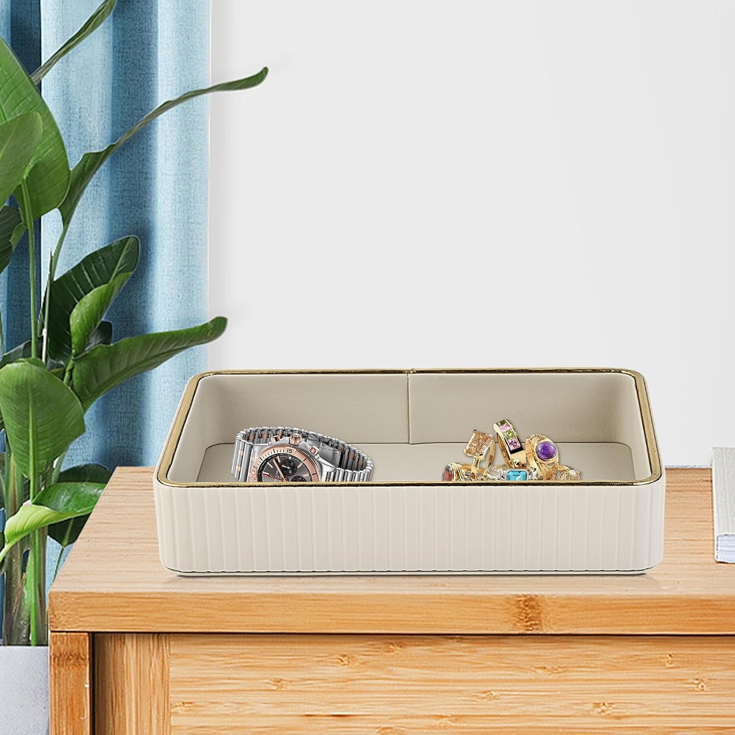 PU Leather Valet Tray,Desk Organizer Tray Nightstand Organizer Trinket Dish Storage Key Bowl Decorative Trays for Phone Wallet Jewelry Watch,Bathroom Bedroom Perfume Vanity Trays,Apricot