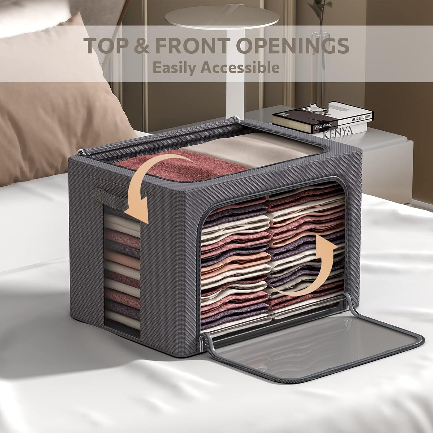 3Pack Stackable Clothes Storage Bins - Oxford Frame Storage Box Foldable Clothing Storage Container Organizer Set with Clear Window & Carry Handles Large Capacity (Dark Gray, Large-66L)