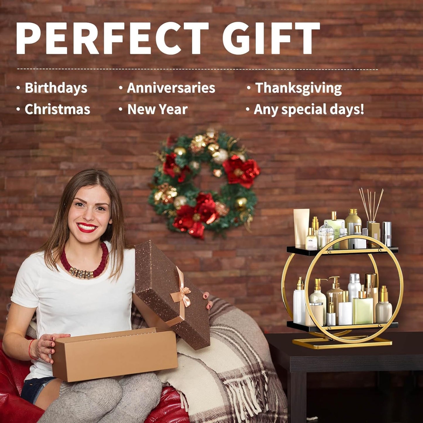 Makeup Organizer for Vanity, Black Gold Perfume Organizer for Dresser, 2-Tier Bathroom Countertop Organizers, Bathroom Counter Shelf Skincare Holder Perfume Tray Cosmetic Display