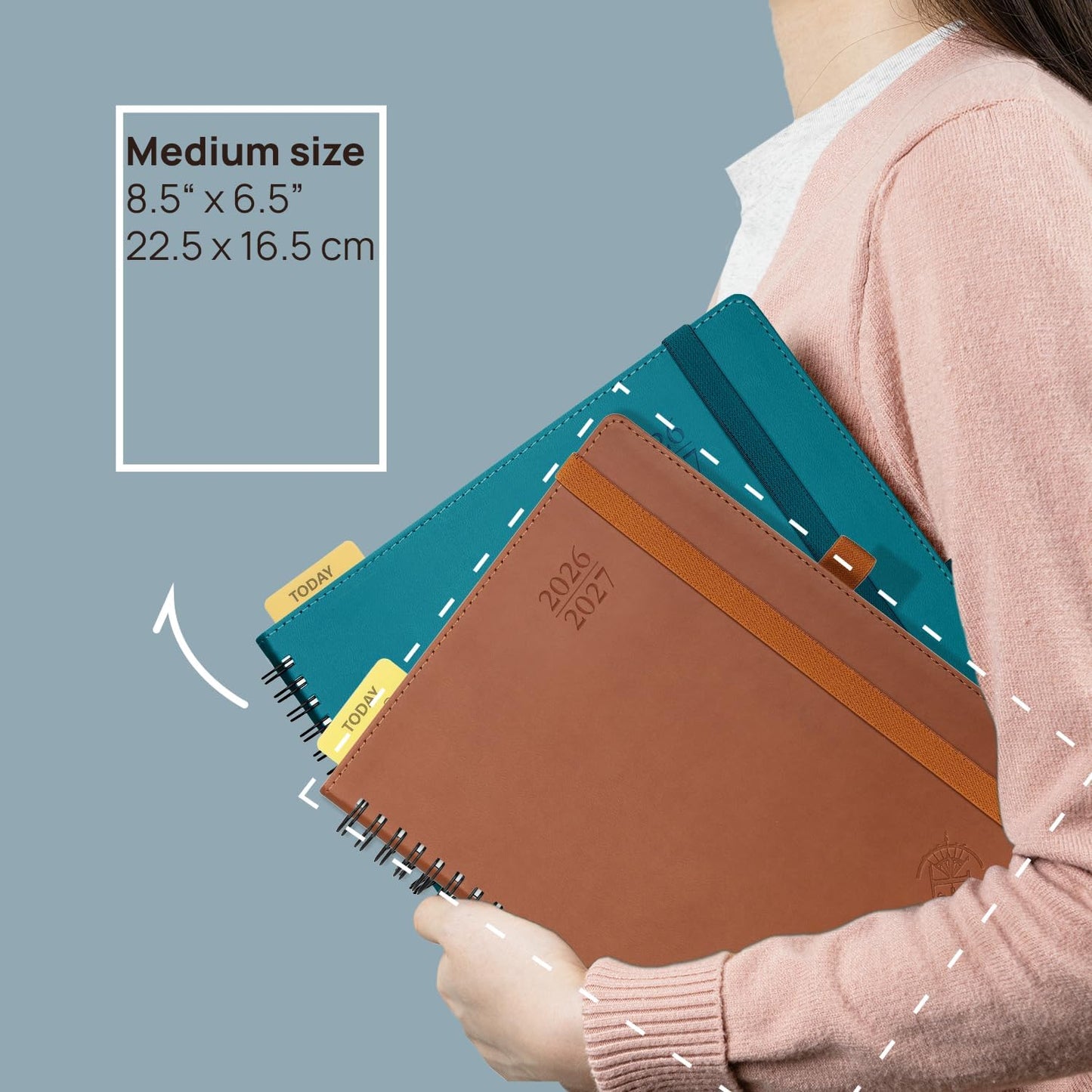 POPRUN Monthly Planner 2026-2027 (Medium 6.5" x 8.5") 18 Months Calendar (Jan 2026 - Jun 2027) - 4 Pages per Month with Expense & Notes, Stair-like tabs, Leather Cover, Sunday Starts - Pacific Green