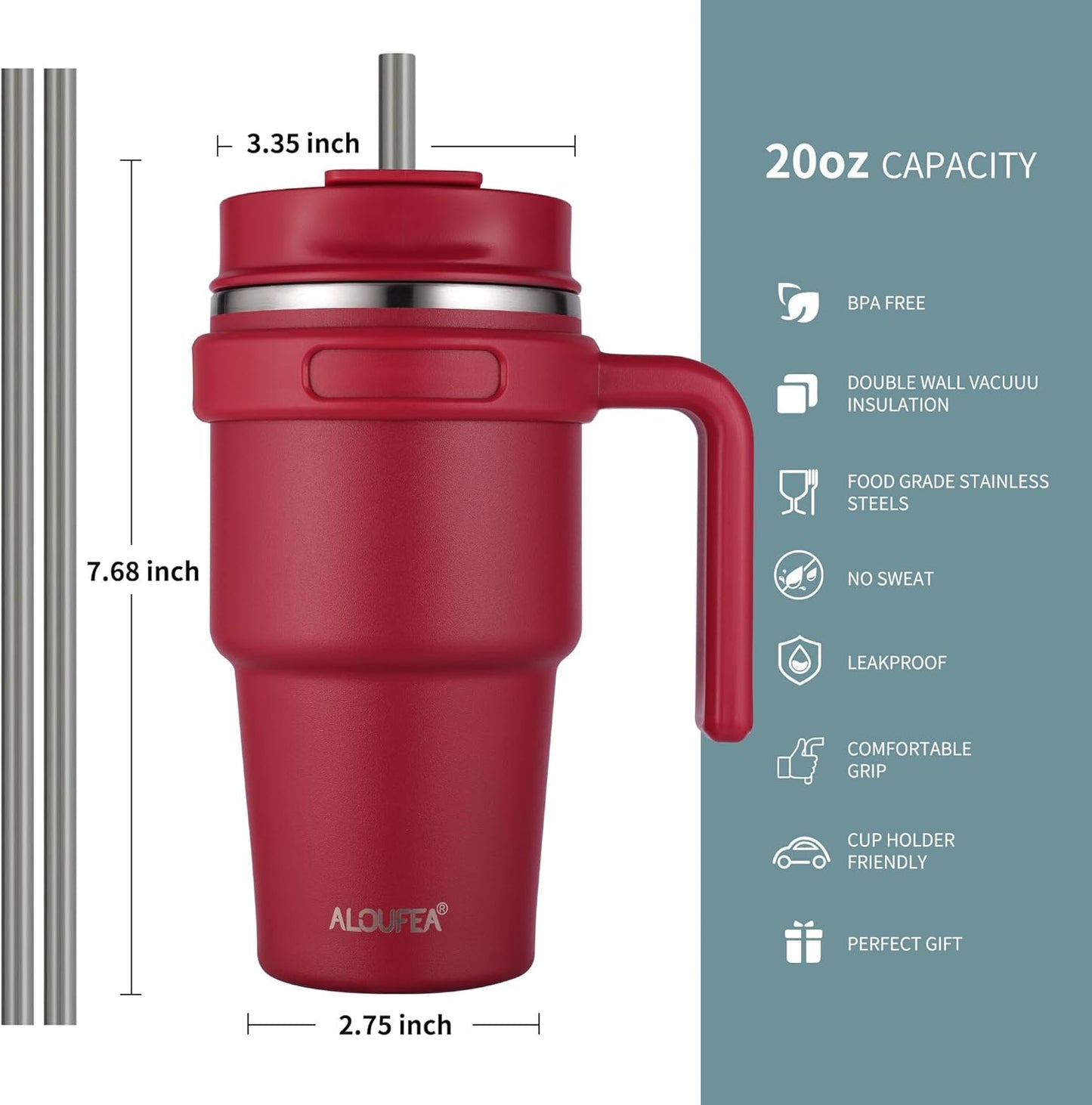 ALOUFEA 20 oz Insulated Coffee Mug Tumbler with Handle, Stainless Steel Travel Mug Tumbler with Lid and Straw,Double Wall Vacuum Leak Proof Ice Coffee Thermal Cup, Red