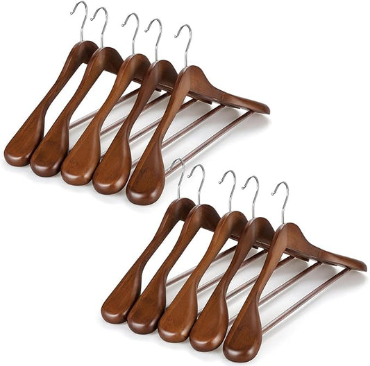 TOPIA HANGER Wide Shoulder Wooden Hangers, Suit Hangers with Non Slip Pants Bar & 360° Swivel Hook, Solid Wood Heavy Duty Coat Hanger, 10 Pack (Walnut)-CT02WA-10