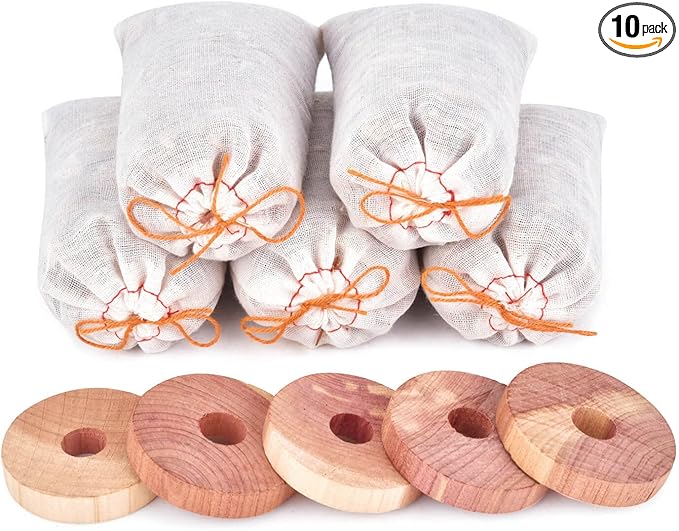 Homode Cedar Blocks for Clothes Storage, Scent Sachets for Drawers and Closets, Aromatic Cedar Wood Chips Shavings Bags, Cedarwood Hanger Rings, Pack of 10