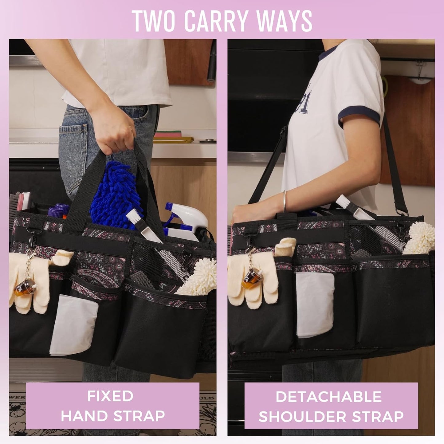 Wearable Cleaning Caddy, Cleaning Caddy Supplies Organizer with Handle & Shoulder Straps for Housekeepers, Under Sink & Car Cleaning Tool Organizers Bag with 4 Foldable Divider (Totem)