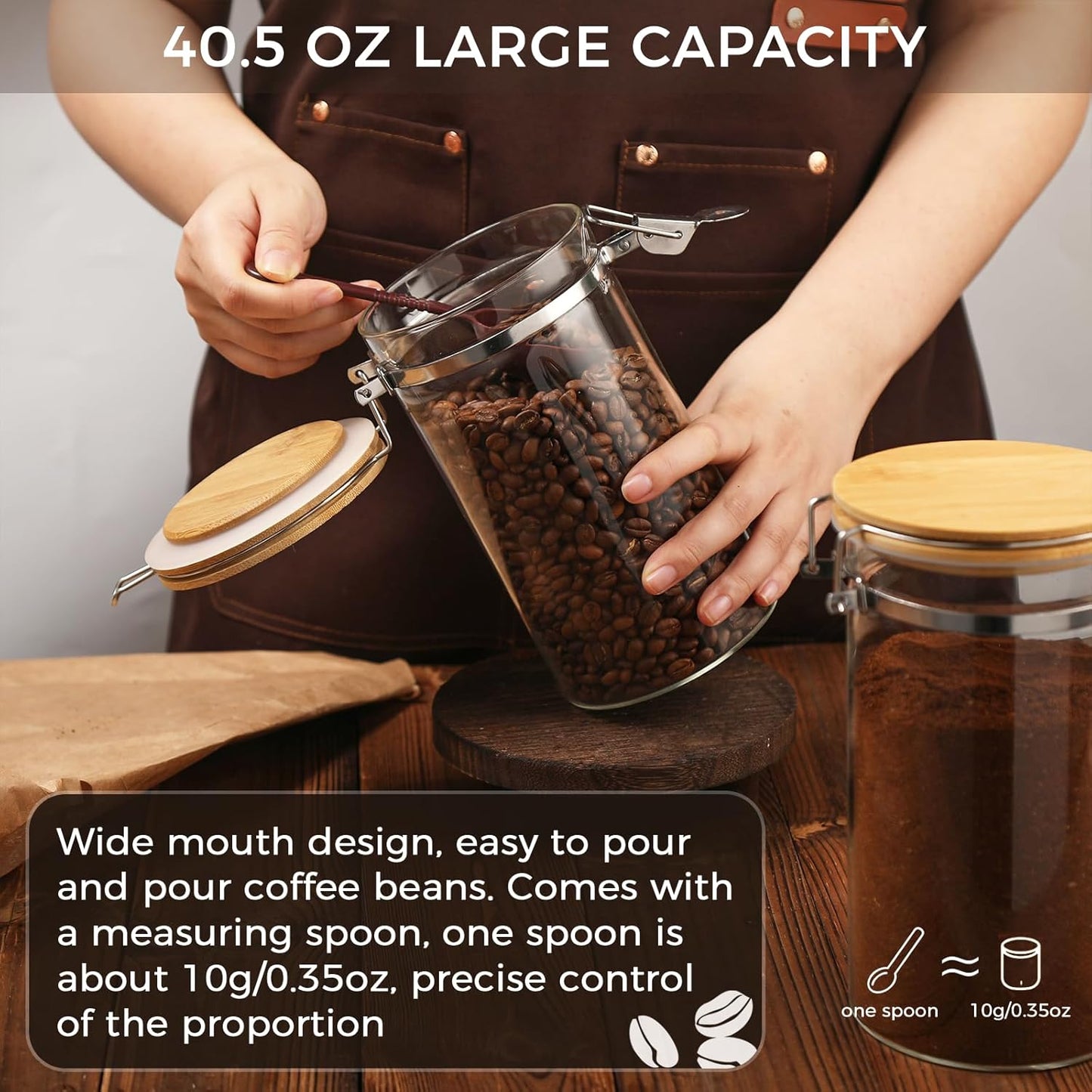 2 Pack 40.5oz Coffee Bean Storage Container with Airtight Bamboo Lids Glass Airtight Coffee Canister with Scoop Storage Container for Grounds Tea Cereal Sugar