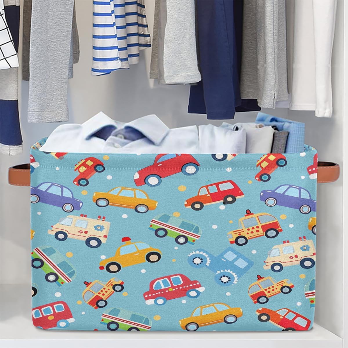 Cartoon Cars Storage Basket for Shelves, Storage Bins with Handles, Collapsible Basket for Organizing, Closet Toy Baskets for Nursery Room, 15x11x9.5 in, Canvas, Cute Cars Trucks