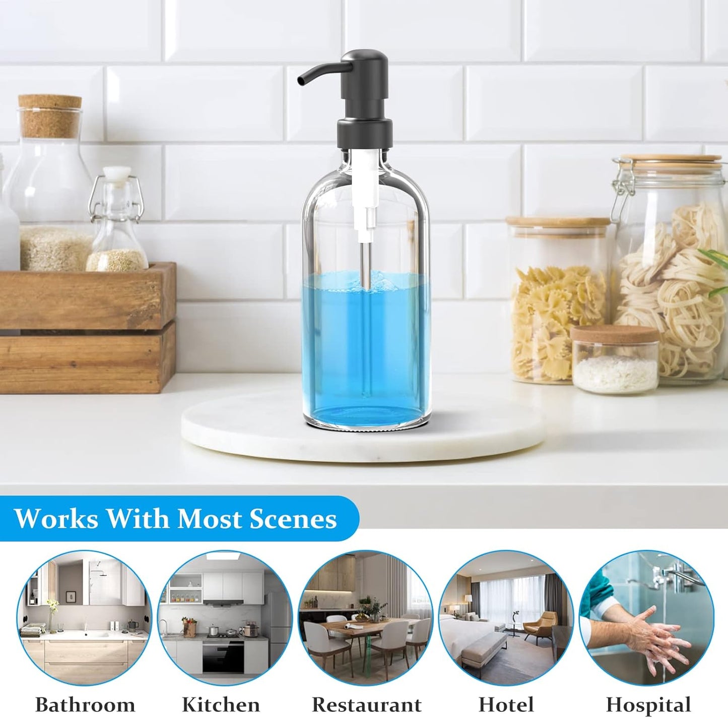 ARKTEK 2 Pack Refillable Glass Soap Dispenser - Rust Proof Stainless Steel Pump, 17 Oz/ 500 ML, Black