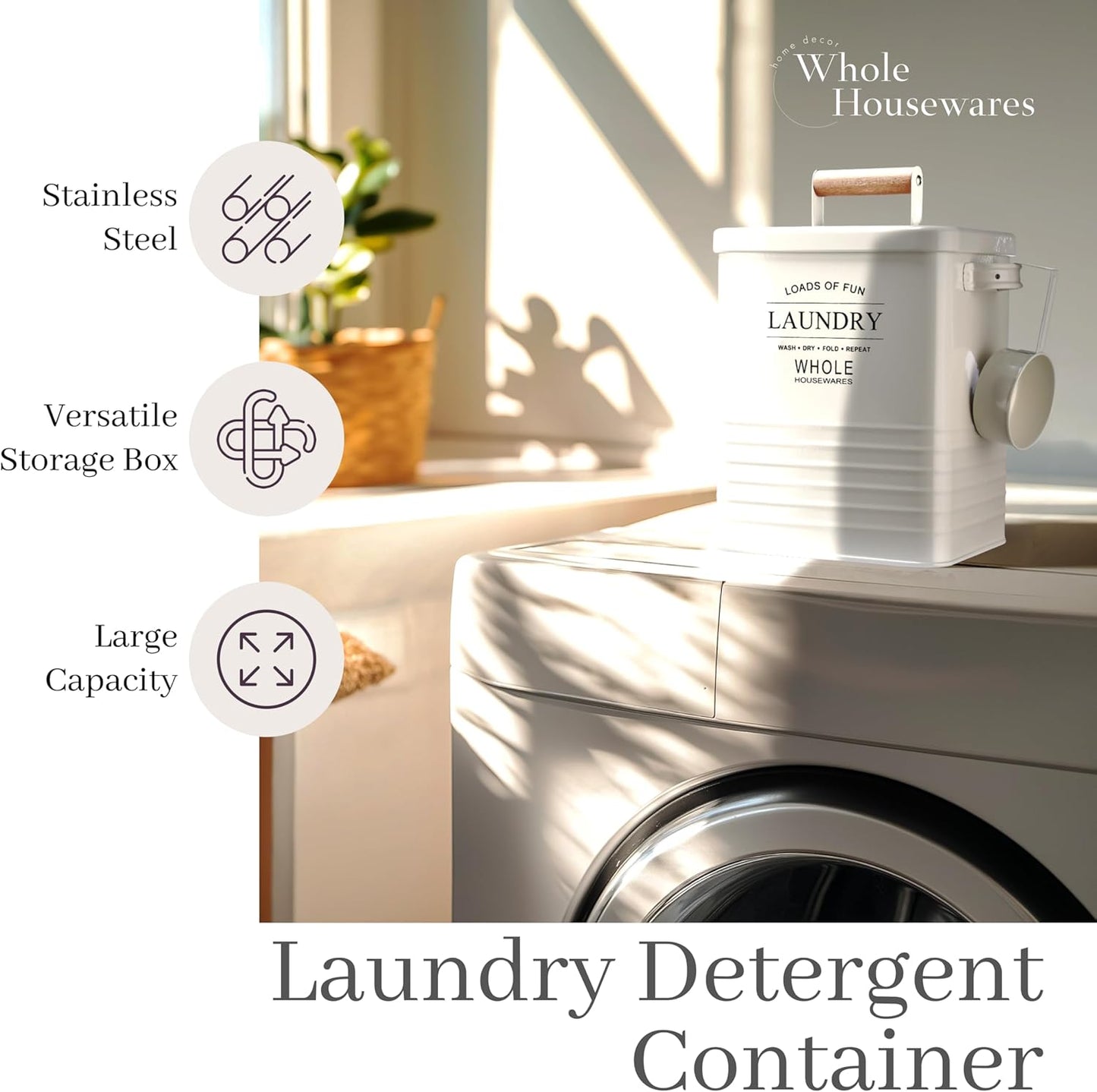 Whole Housewares Laundry Detergent Container - Tin Farmhouse Metal Laundry Powder Soap Dispenser With Scooper, Airtight Lid And Handles - Vintage Soap Pod Holder Storage Bin With Lid And Scent Holders