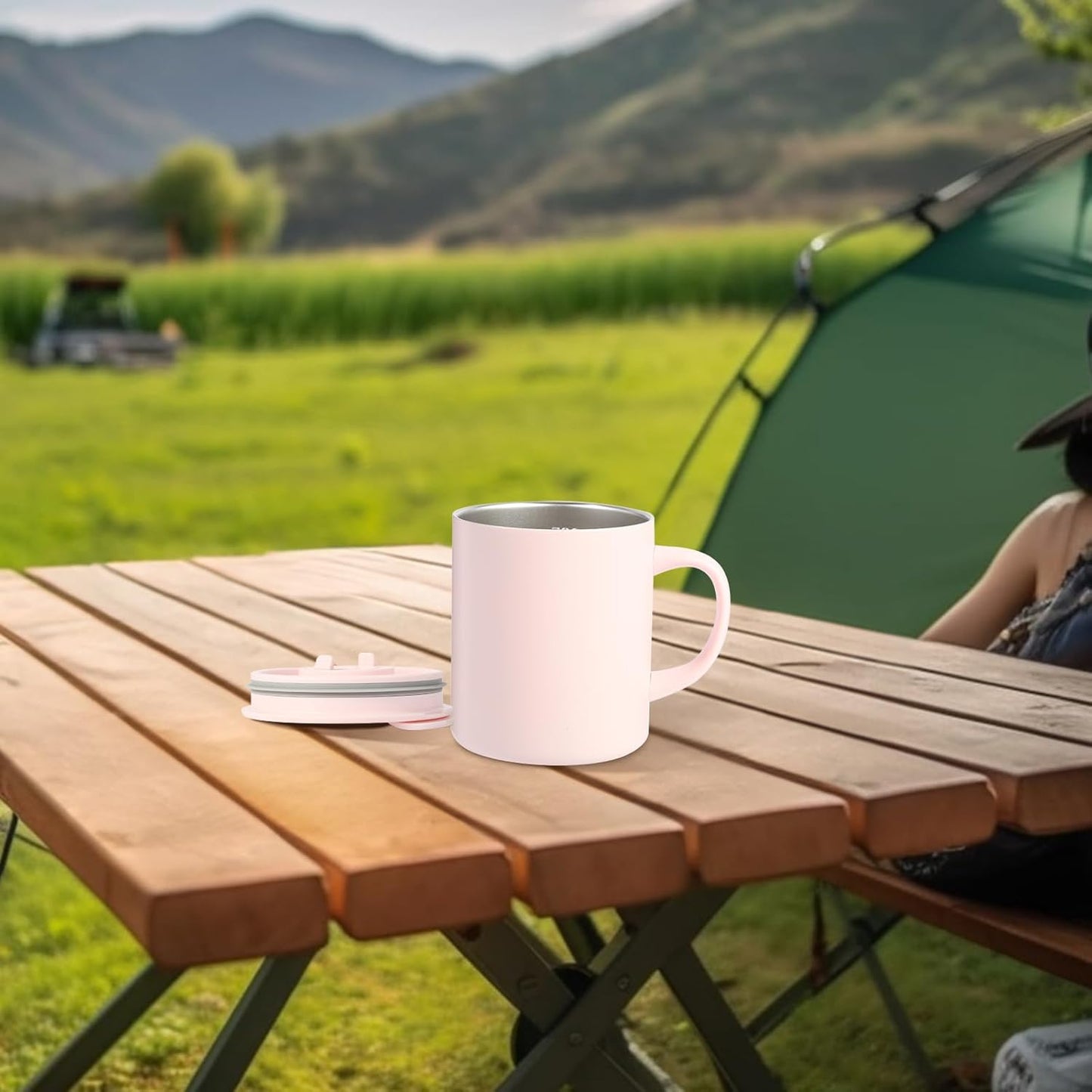 12oz Coffee Mug,Insulated Camping Mug with Lid,Double Wall Stainless Steel Travel Coffee Cup with Handle, Vacuum Reusable Coffee Tumbler Cup for Home, Office, Camping - Pink