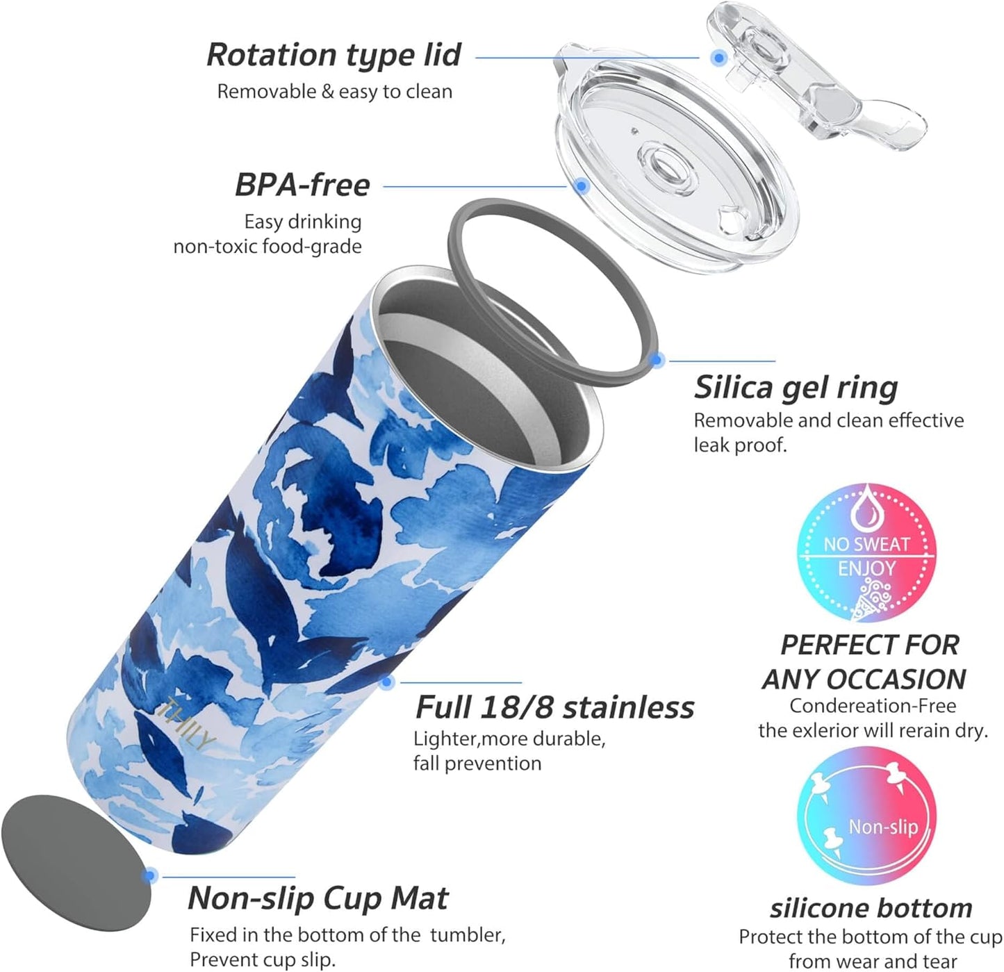 THILY Stainless Steel Vacuum Insulated Tumbler 26 oz Triple-Insulated Travel Mug with Splash-Proof Lid, for Iced Coffee and Hot Beverage, Pink Lilies + Blue Maple