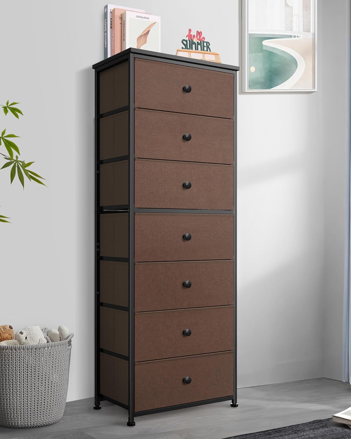 Tall Fabric Dresser for Bedroom, Vertical Storage Organizer Tower with 7 Drawers, Chest of Drawers with Bins, Steel Frame, Wood Top for Bedroom, Closet, Entryway Grey