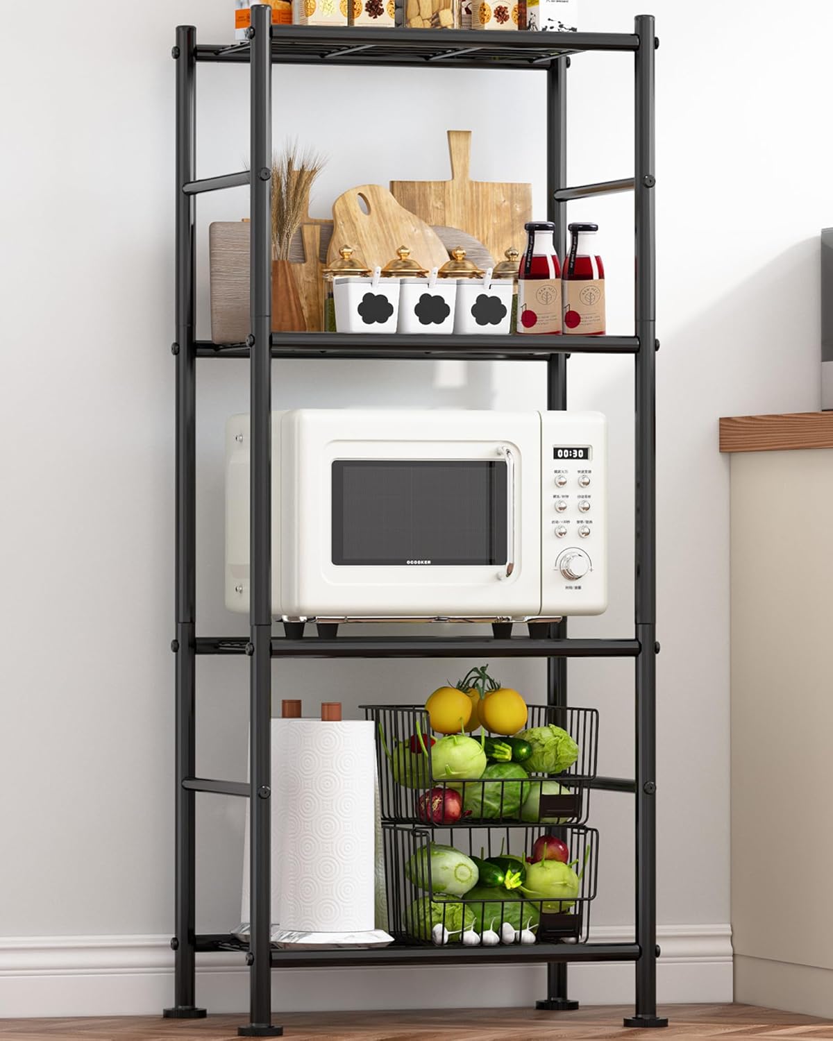 Storage Shelves - 4 Tier Shelf Organizer, Heavy Duty Garage Shelving Unit with Leveling Feet, Stable Metal Shelves Organizer for Pantry, Kitchen and Closet, 18.4" W x 12.6" D x 44.2" H, Black