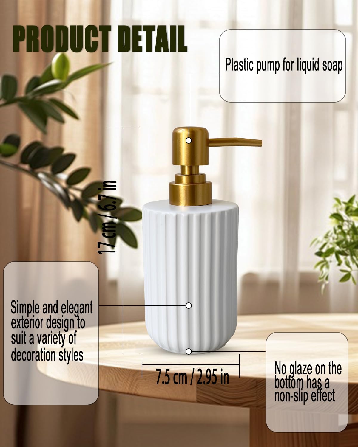 Soap Dispenser for Bathroom,12 Oz Liquid Soap Dispenser for Kitchen,Ceramic Hand Soap Dispenser with Plastic Pump,Simple Style Soap Dispenser (Gold and White Cylindrical Soap Dispenser)