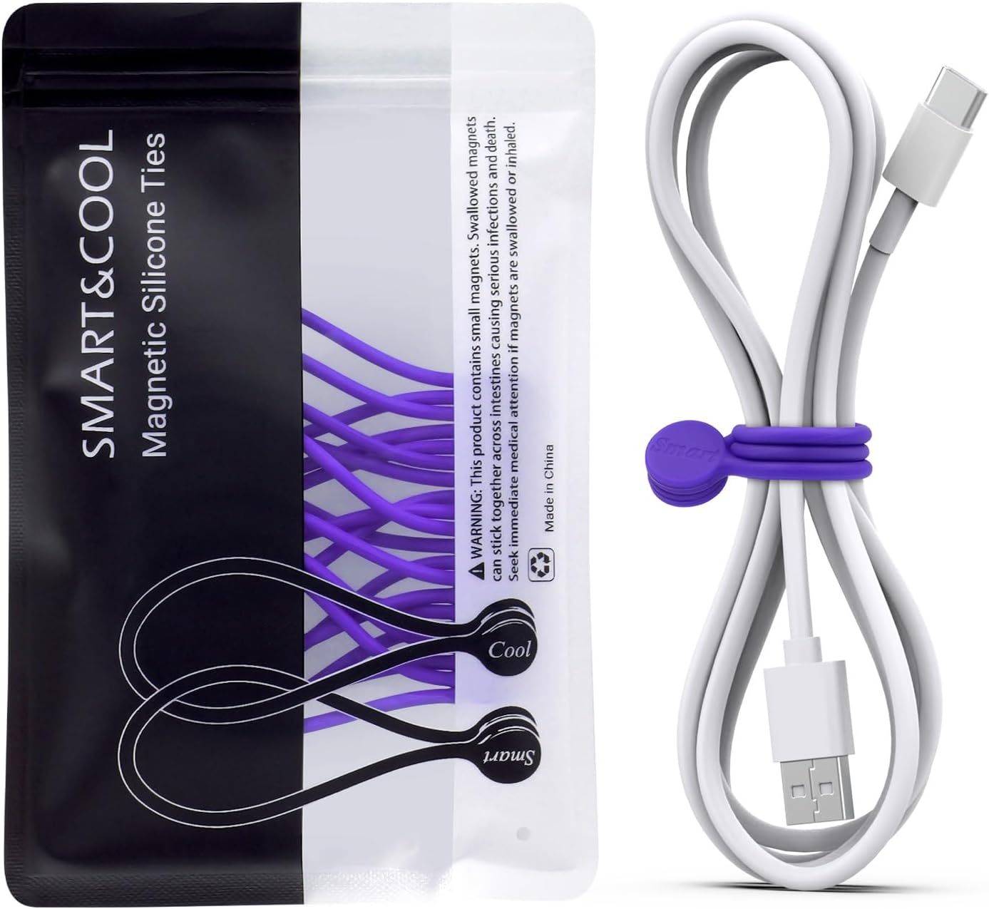 SMART&COOL Reusable Silicone Magnetic Cable Ties for Bundling and Organizing, Holding Stuff, Book Markers, Fridge Magnets, Assorted Color, 7.16'' (10-Pack, Purple)