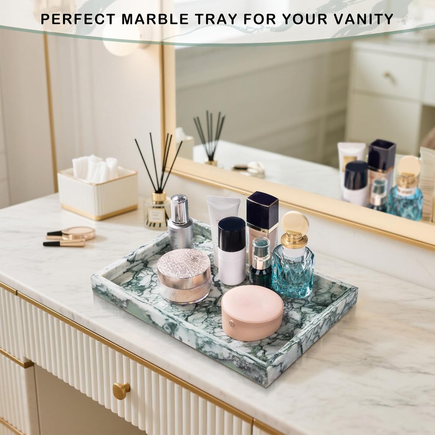 Marble Bathroom Tray for Countertop & Home Decor, Natural Decorative Marble Tray for Jewelry & Perfume Organizer, Luxury Stone Vanity Trays for Dresser, Kitchen Counter, 12" x 8", Jade Green