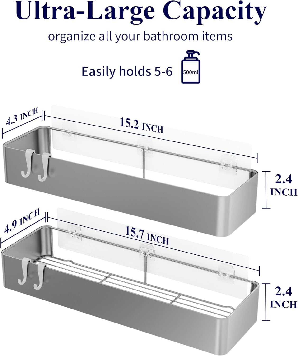 Kitsure Shower Caddy - 2 Pack Adhesive Shower Organizer, Rustproof Metal Shelves, No-Drill Bathroom Organizers and Storage, Silver Grey, XX-Large