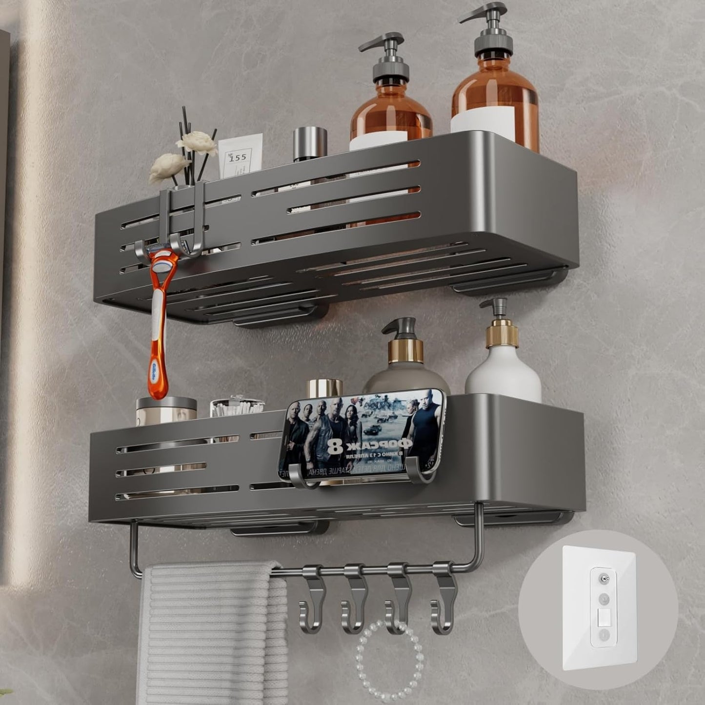 Voldra Adhesive Shower Caddy, 2 Pack Shower Shelves for Inside Shower No Drilling, Aluminum Stick On Showers Organizer with Towel Bar & Hooks Removable Bathroom Shelf Storage Rack(Gray)