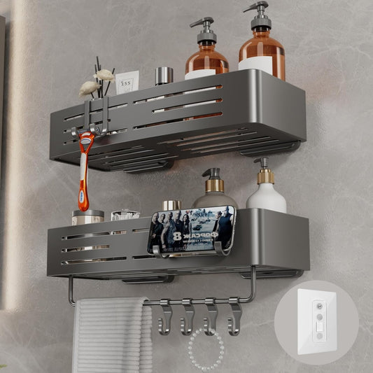 Voldra Adhesive Shower Caddy, 2 Pack Shower Shelves for Inside Shower No Drilling, Aluminum Stick On Showers Organizer with Towel Bar & Hooks Removable Bathroom Shelf Storage Rack(Gray)