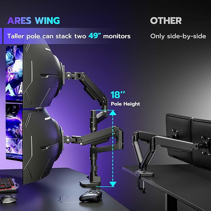 ARES WING Dual Monitor Arm Desk Mount for 17-49 Inch Ultrawide Monitors, Heavy Duty Dual Monitor Mount Holds 44 lbs, Full Motion Gas Spring Vertical Stacked Monitor Mount, 75/100 VESA Mount, Black