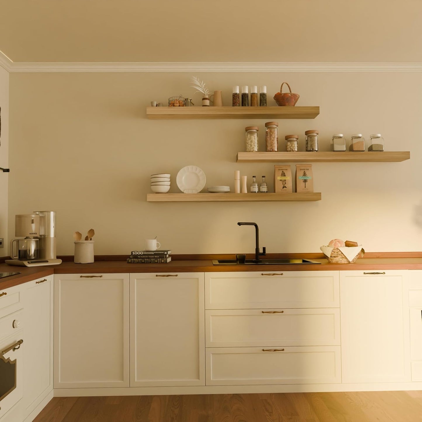 Floating Shelves - 48 Inch Long Premium Solid Wood Wall Shelves, Set of 3, Rustic Brown Modern Wall Mounted Shelves for Living Room, Bedroom, and Kitchen