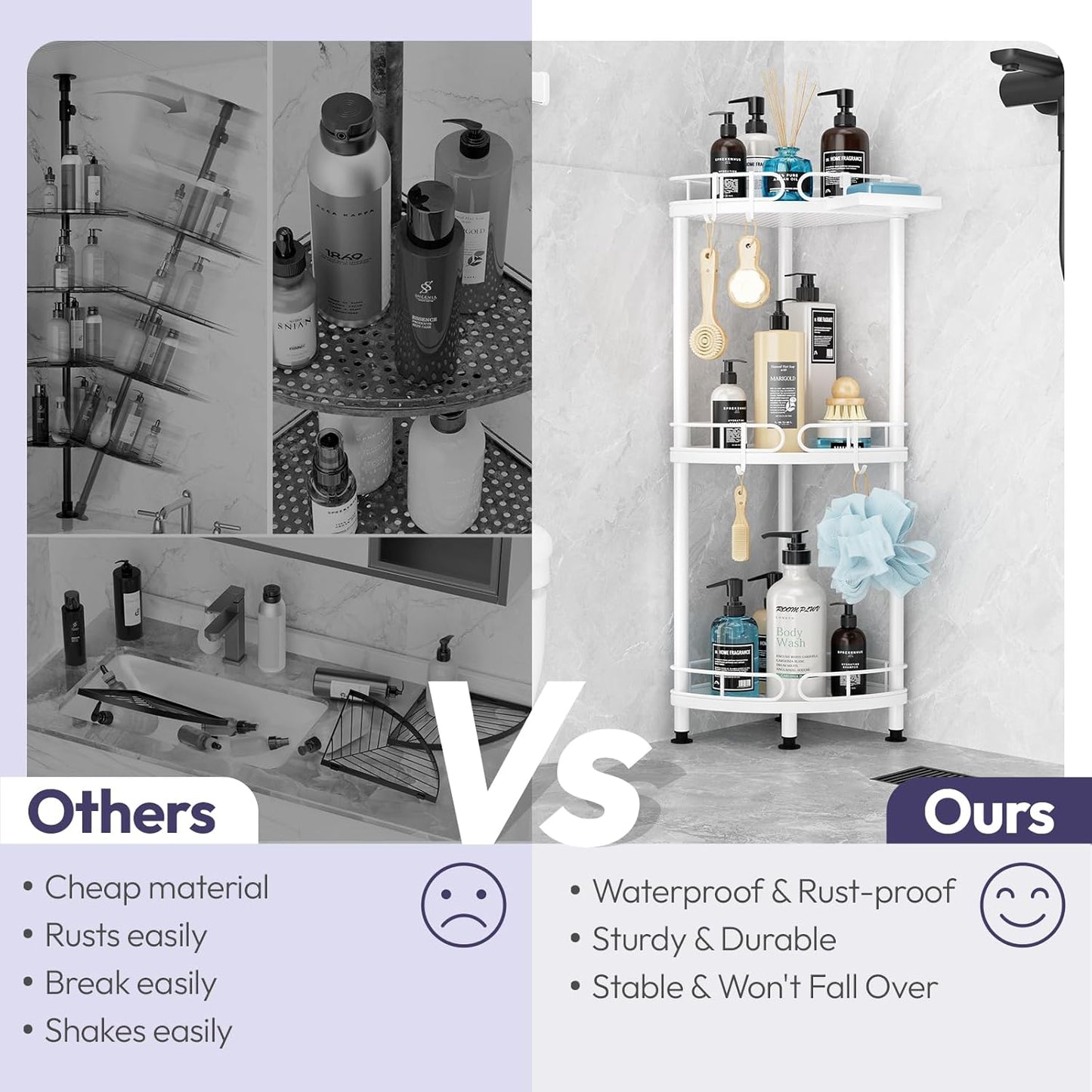 SWTYMIKI Corner Shower Caddy Standing - 3 Tier Stainless Steel Shower Organizer Stand with 4 Hooks & Soap Holder, Rustproof Metal Standing Tall Floor Shower Shelf and Bathroom Organizer, White