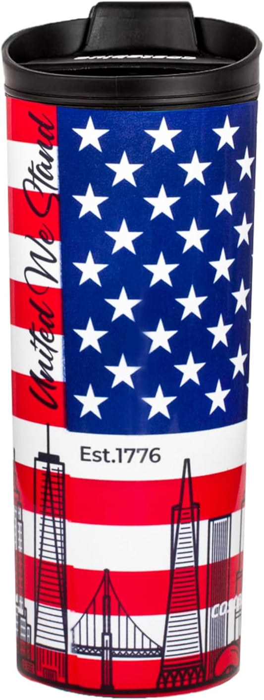 USA Vacuum Insulated Stainless Steel Thermal Travel Mug, 16 oz, Easy Clean, Flip leak Proof Lid United States of America Flag with USA Skylines…