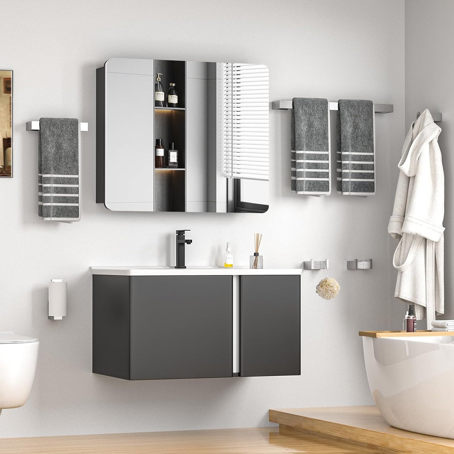 4 Pcs SUS304 Stainless Steel Bathroom Accessories Set, 24" Towel Bar, Towel Holder, Toilet Paper Holder, Robe Hook, Minimalist Design for All Styles Bathrooms (Brushed Nickel)