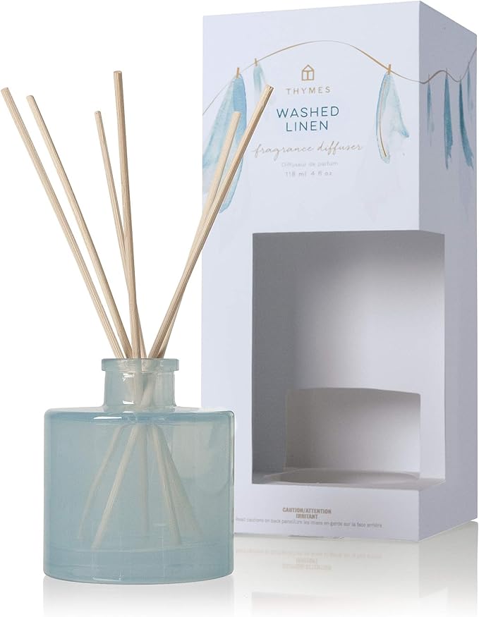 Thymes Petite Reed Diffuser Set – Includes Rattan Wood Sticks, Fragrance Oil, & Glass Bottle – Home Fragrance Oil Diffuser – Luxury Home Decor – Guest Bathroom Essentials (Washed Linen, 4 fl oz)