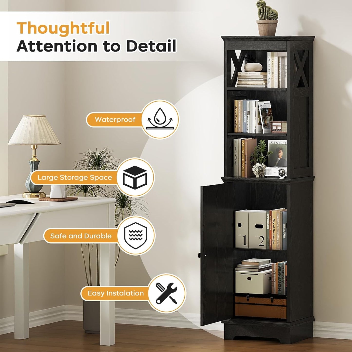 Farmhouse 60.9" H Tall Narrow Storage Cabinet with Door and Open Adjustable Shelves, Freestanding Organizer for Bathroom, Kitchen, Entryway, Wooden Tower Corner Cabinet, Black