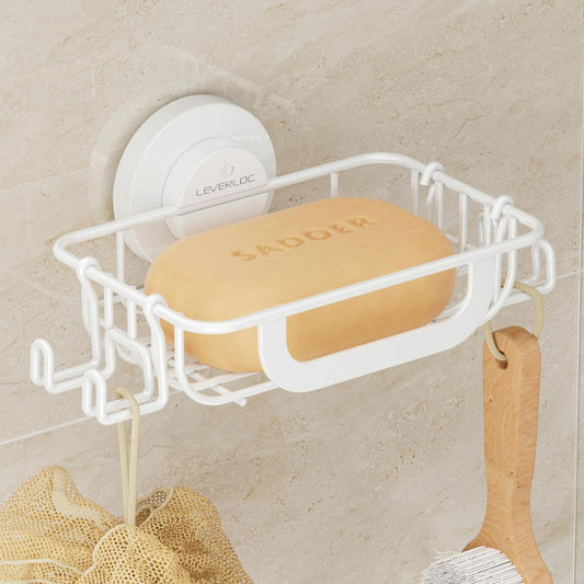 LEVERLOC Soap Holder Dish with Hooks for Shower, Bar Suction Cup Soap Tray Wall Mounted, Rustproof Stainless Steel Sponge Holder Caddy for Bathroom Bathtub Kitchen Sink, White