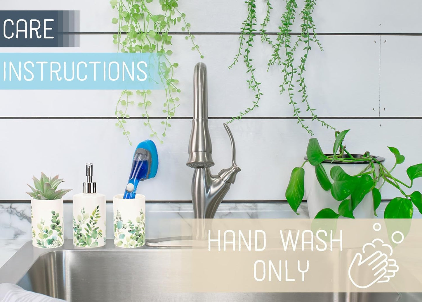 NAT & Jules Chic Modern Rounded 4.5 inch Ceramic Bathroom Accessories Set of 4 - Home Décor & Organization Perfect for Bath or Kitchen Household Essentials, Floral Greenery on Cream White