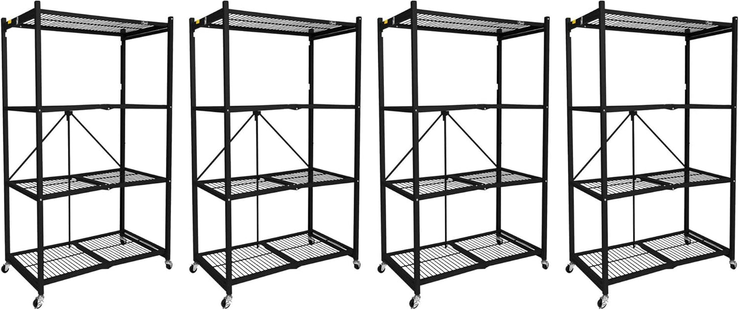 Origami 4 Pack 4 Tier Foldable Metal Garage Storage Shelf Rack, Wheels & Powder Coated Steel, Black