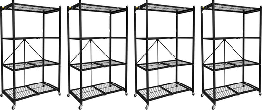 Origami 4 Pack 4 Tier Foldable Metal Garage Storage Shelf Rack, Wheels & Powder Coated Steel, Black