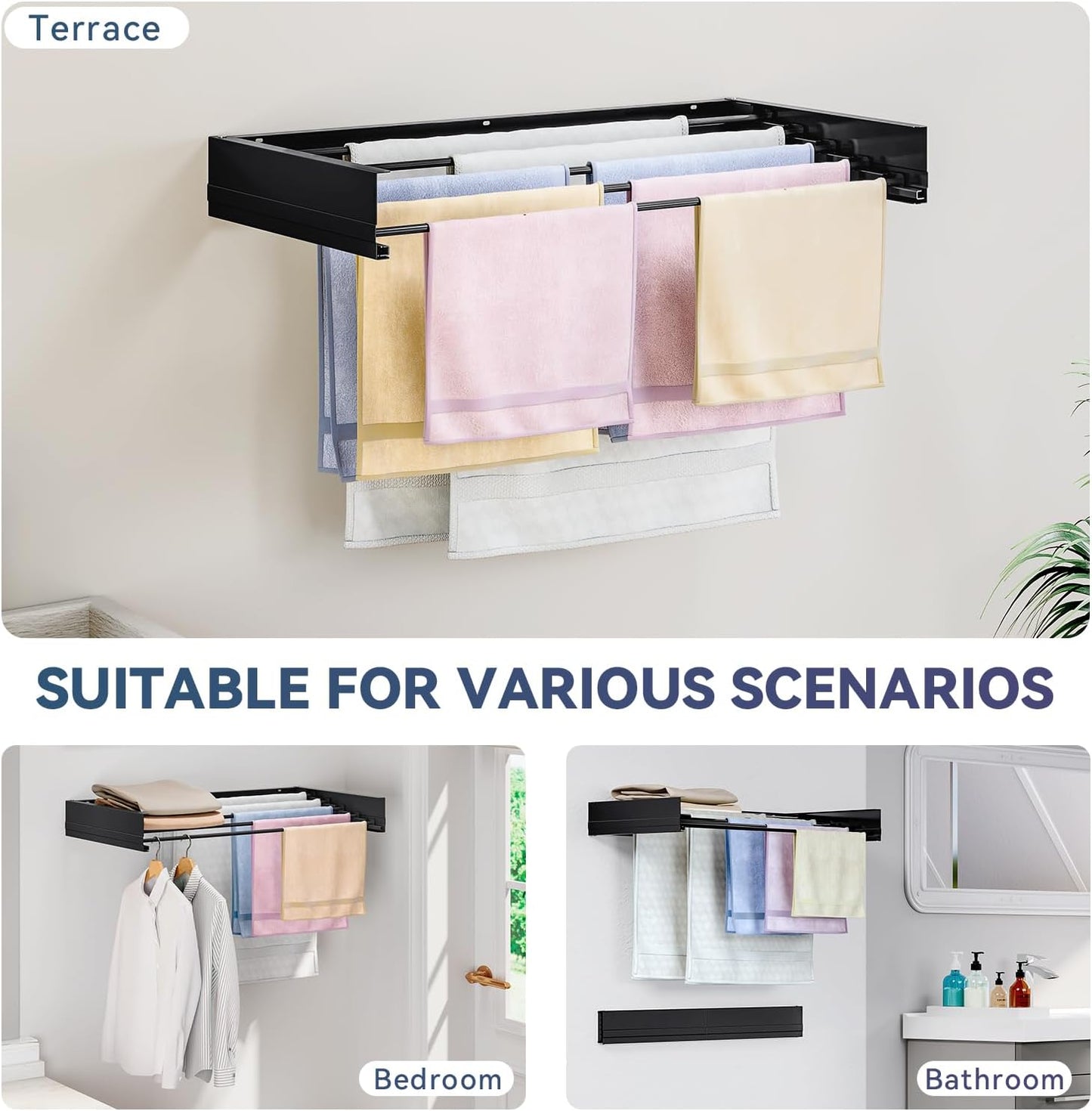 APEXCHASER Wall Mounted Clothes Drying Rack, Laundry Drying Rack Foldable, Towel Racks for Bathroom Balcony Laundry Shower Tub Wall Mount, Collapsible Drying Rack for Clothing, 31.5", Matt Black