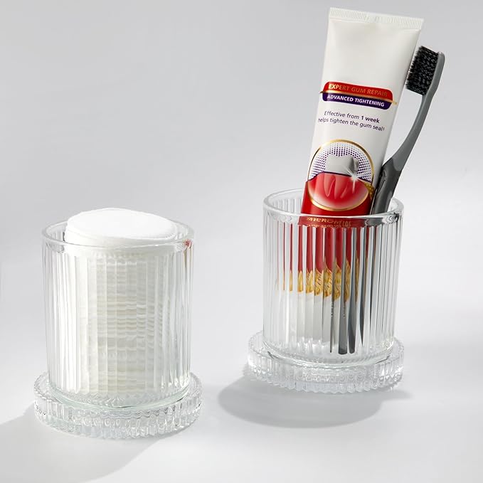 Glass Qtip Holder with Lid,Bathroom Organizer and Storage Jars - Apothecary Jars for Cotton Balls, Cotton Swabs,Pads,Floss Picks,Vanity Organizer,Bathroom Accessories and Countertop Storage Canisters